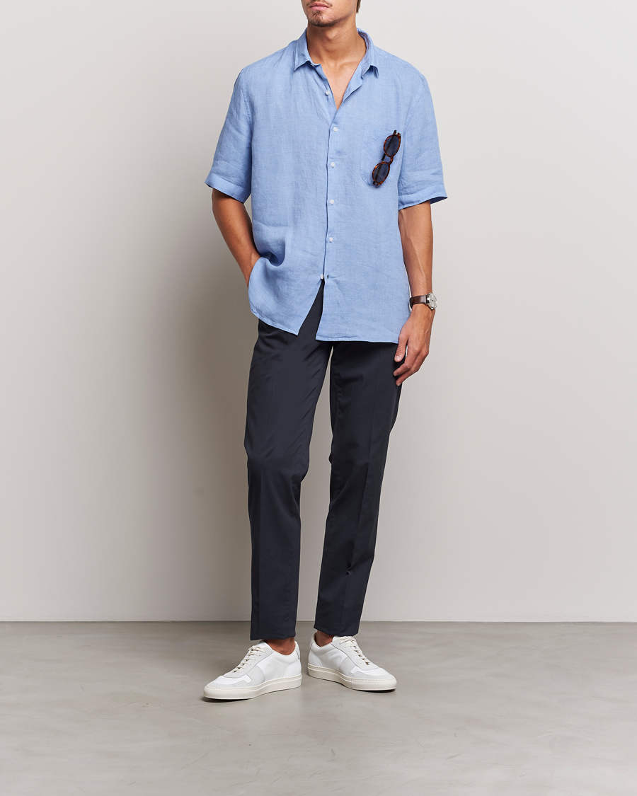 Hombres | Camisas | Sunspel | Short Sleeve Linen Shirt Cool Blue