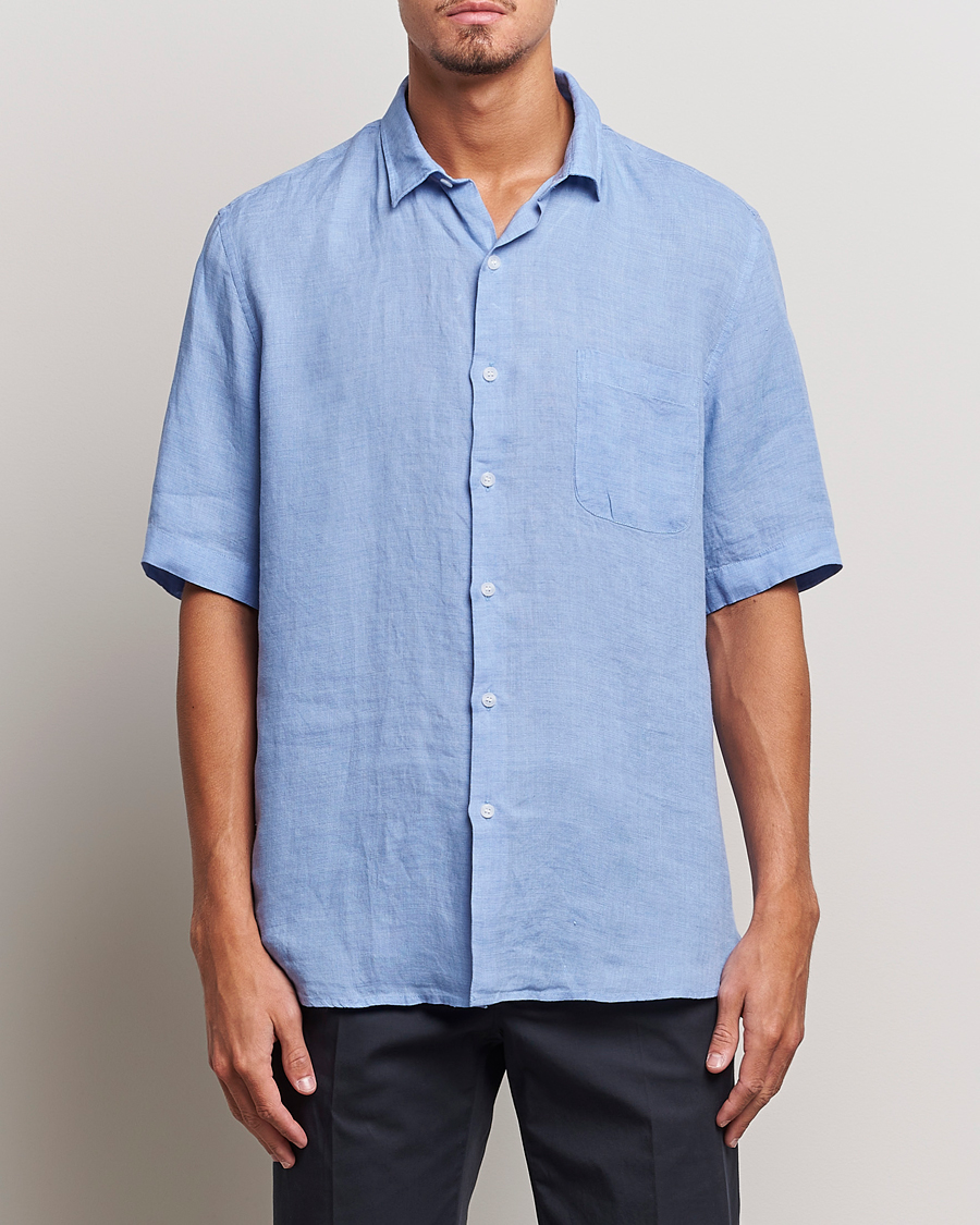 Hombres | Camisas | Sunspel | Short Sleeve Linen Shirt Cool Blue