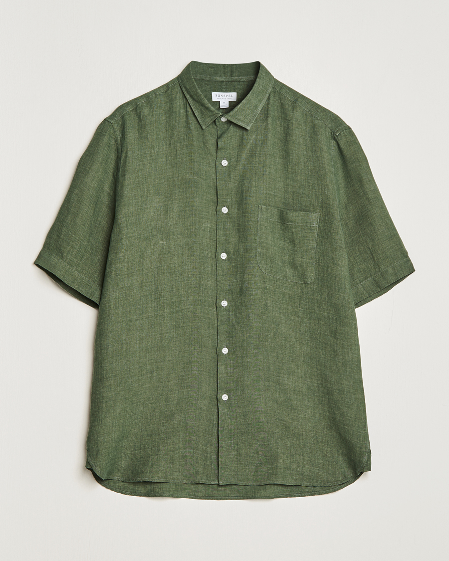 Hombres | Camisas | Sunspel | Short Sleeve Linen Shirt Hunter Green
