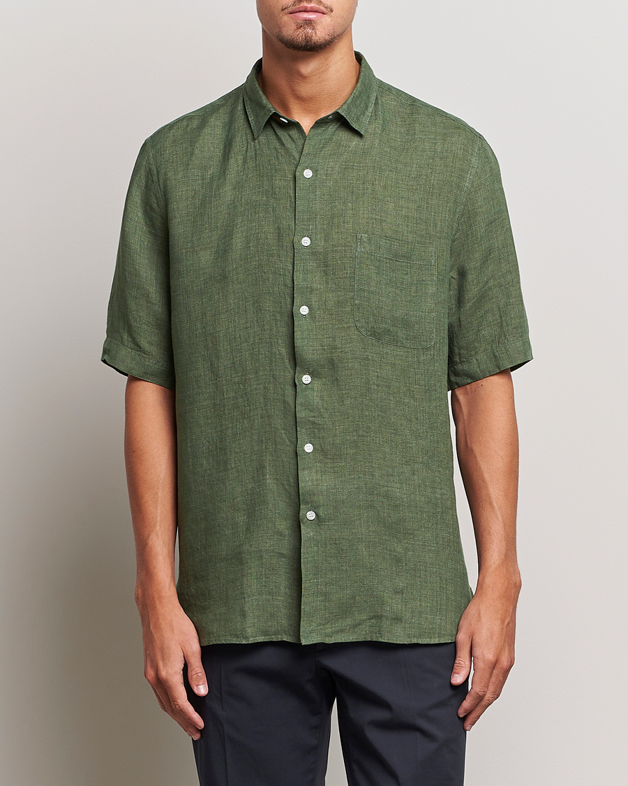 Hombres | Camisas | Sunspel | Short Sleeve Linen Shirt Hunter Green