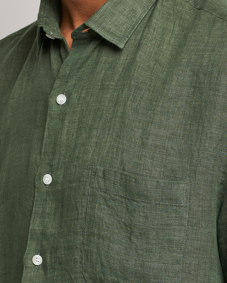 Hombres | Camisas | Sunspel | Short Sleeve Linen Shirt Hunter Green