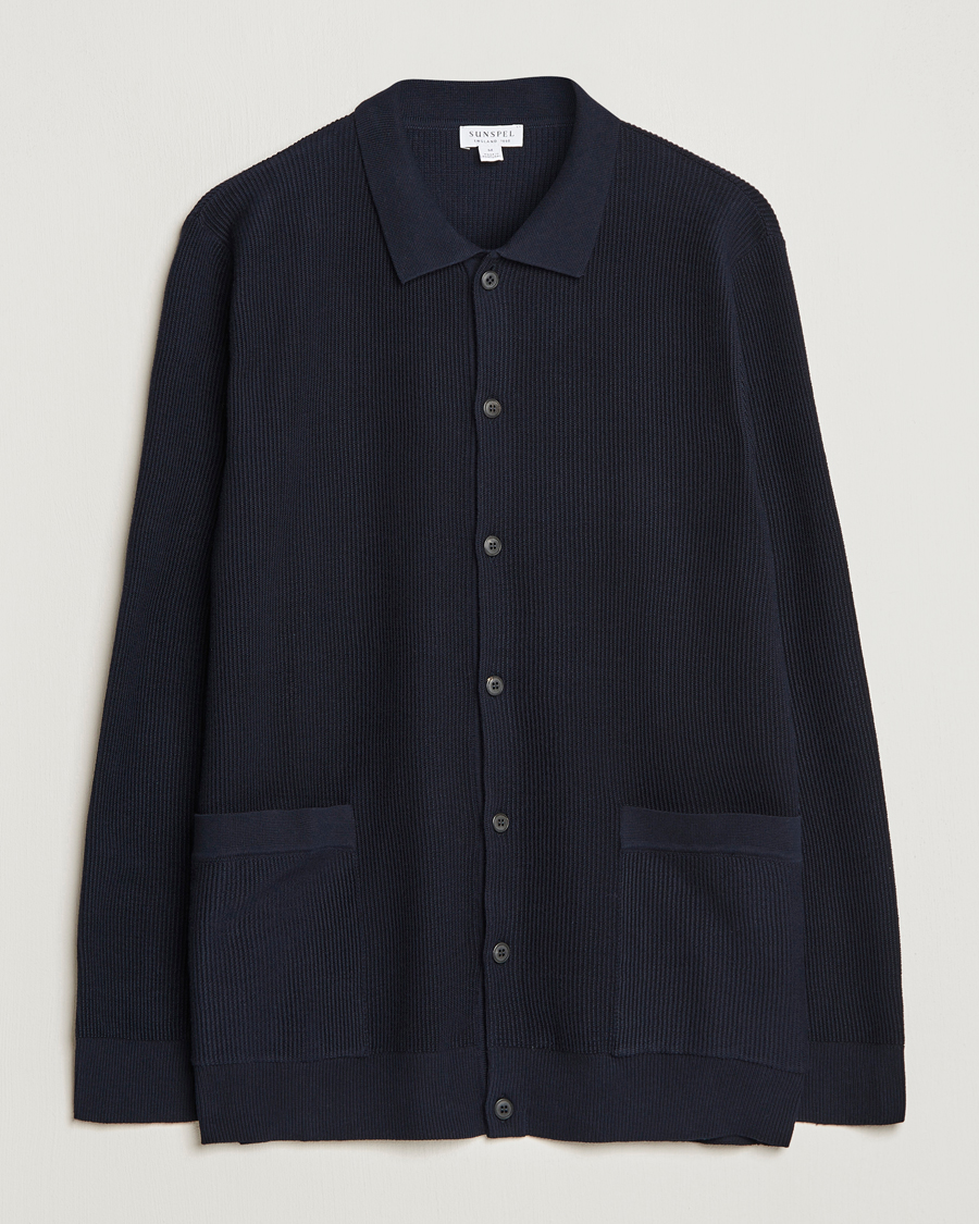 Hombres | Jerséis y prendas de punto | Sunspel | Long Staple Cotton Knitted Jacket Navy