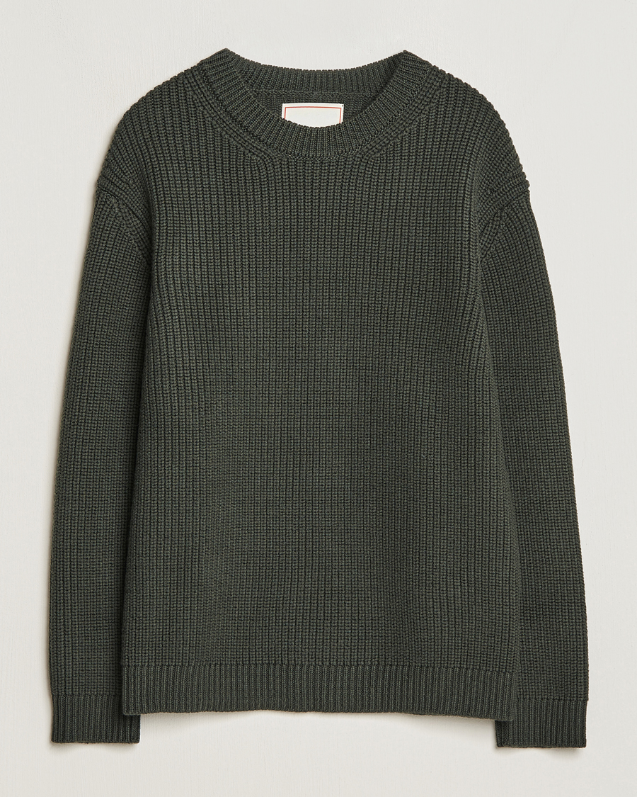 Hombres | Jerséis y prendas de punto | Jeanerica | Paul Heavy Knitted Crew Neck Dark Green
