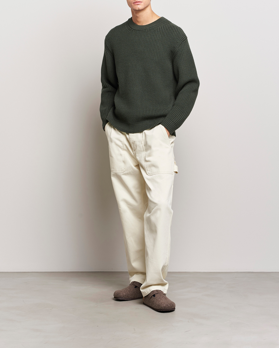 Hombres | Jerséis y prendas de punto | Jeanerica | Paul Heavy Knitted Crew Neck Dark Green