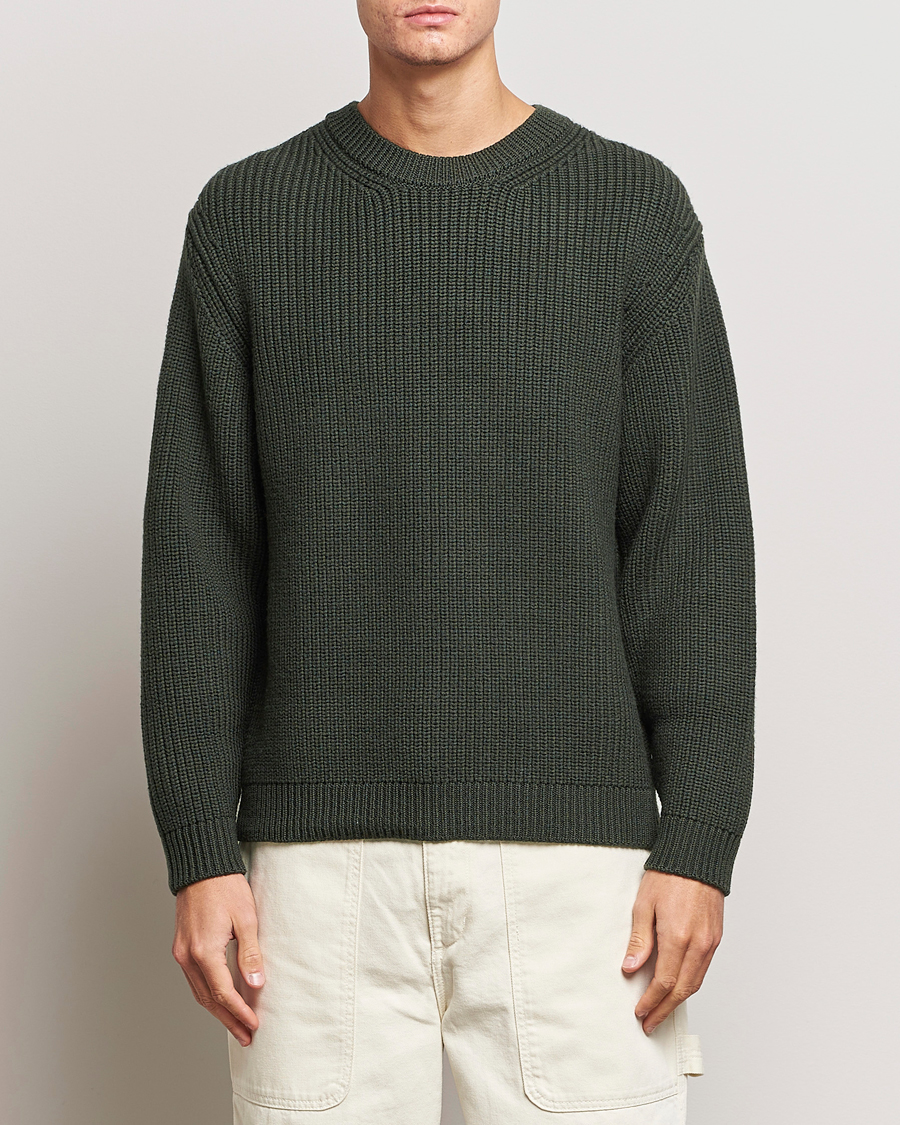 Hombres | Jerséis y prendas de punto | Jeanerica | Paul Heavy Knitted Crew Neck Dark Green