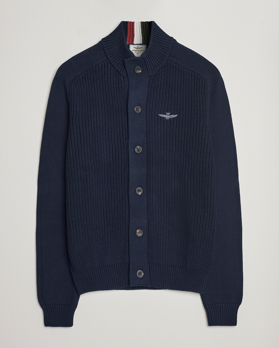 Hombres | Jerséis y prendas de punto | Aeronautica Militare | Cotton Ribbed Knitted Cardigan Dark Blue