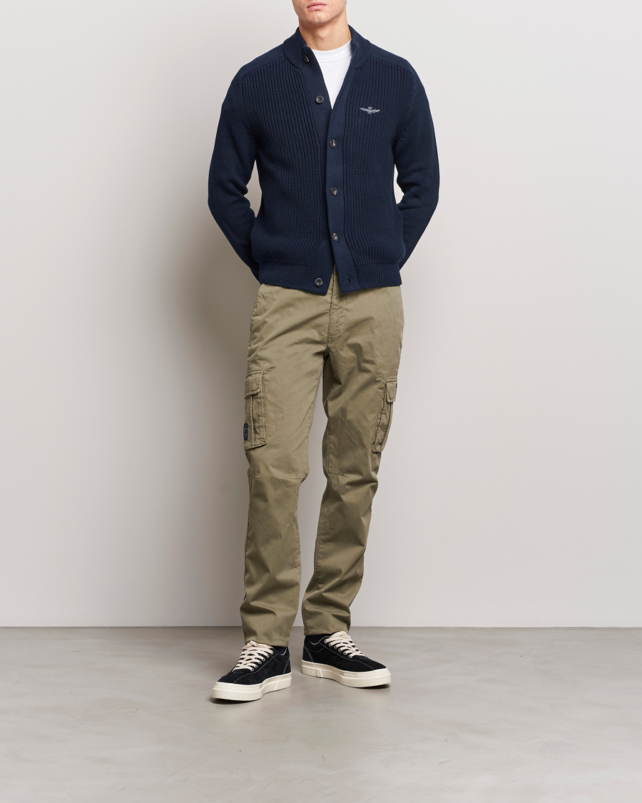 Hombres | Jerséis y prendas de punto | Aeronautica Militare | Cotton Ribbed Knitted Cardigan Dark Blue
