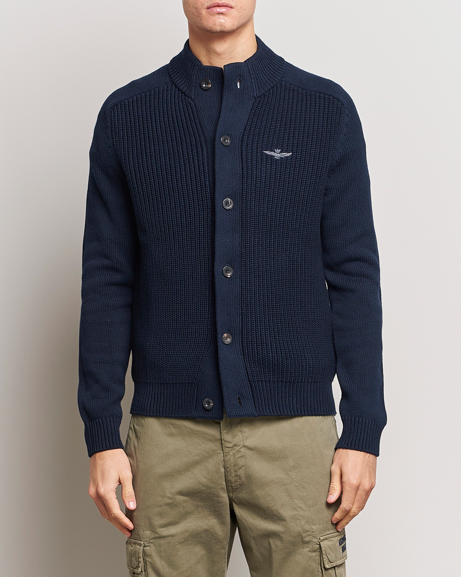 Hombres | Jerséis y prendas de punto | Aeronautica Militare | Cotton Ribbed Knitted Cardigan Dark Blue