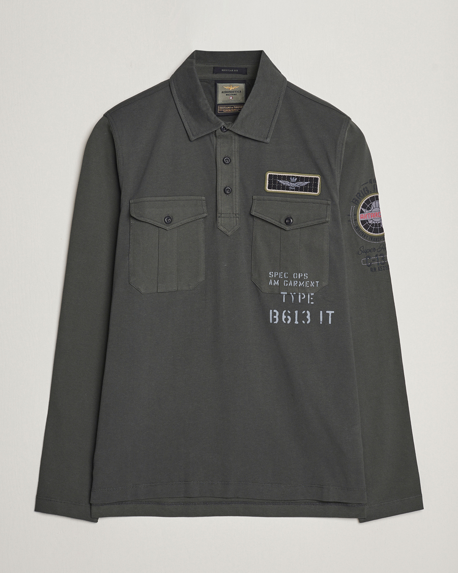 Hombres | Jerséis y prendas de punto | Aeronautica Militare | Pocket Long Sleeve Polo Dark Green