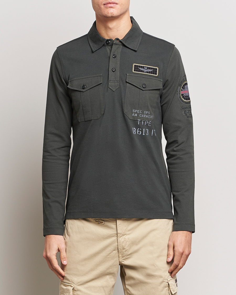 Hombres | Jerséis y prendas de punto | Aeronautica Militare | Pocket Long Sleeve Polo Dark Green