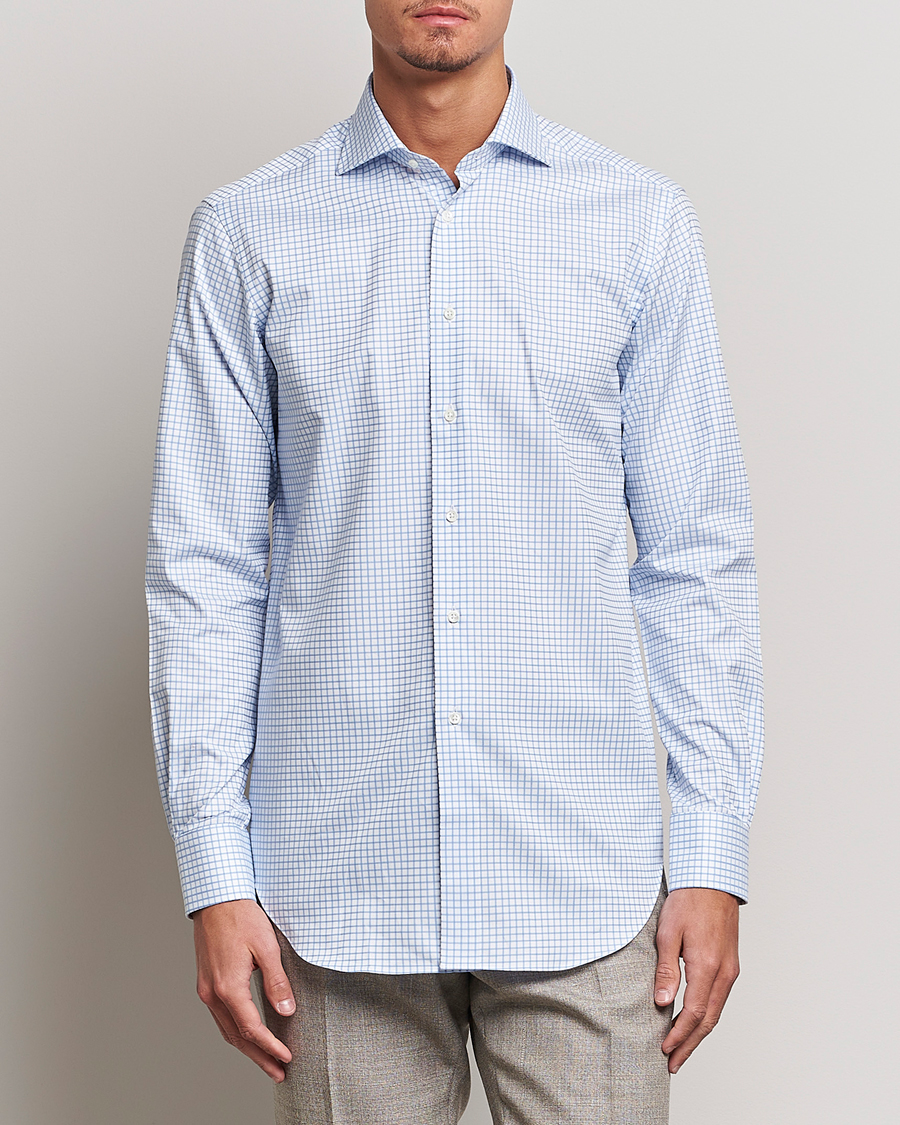 Hombres | Camisas | Kamakura Shirts | Slim Fit Twill Spread Shirt Sky Blue Check