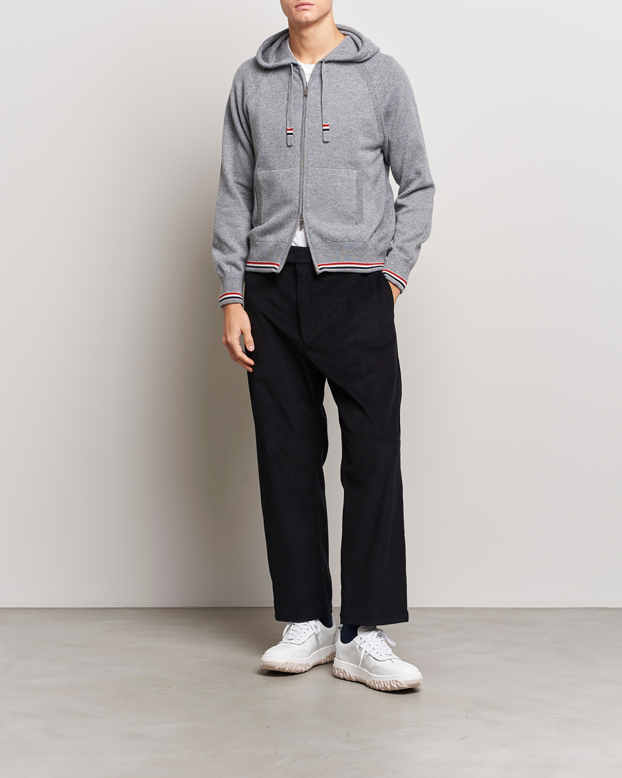 Hombres | Jerséis y prendas de punto | Thom Browne | Cashmere Jersey Full Zip Hoodie Light Grey