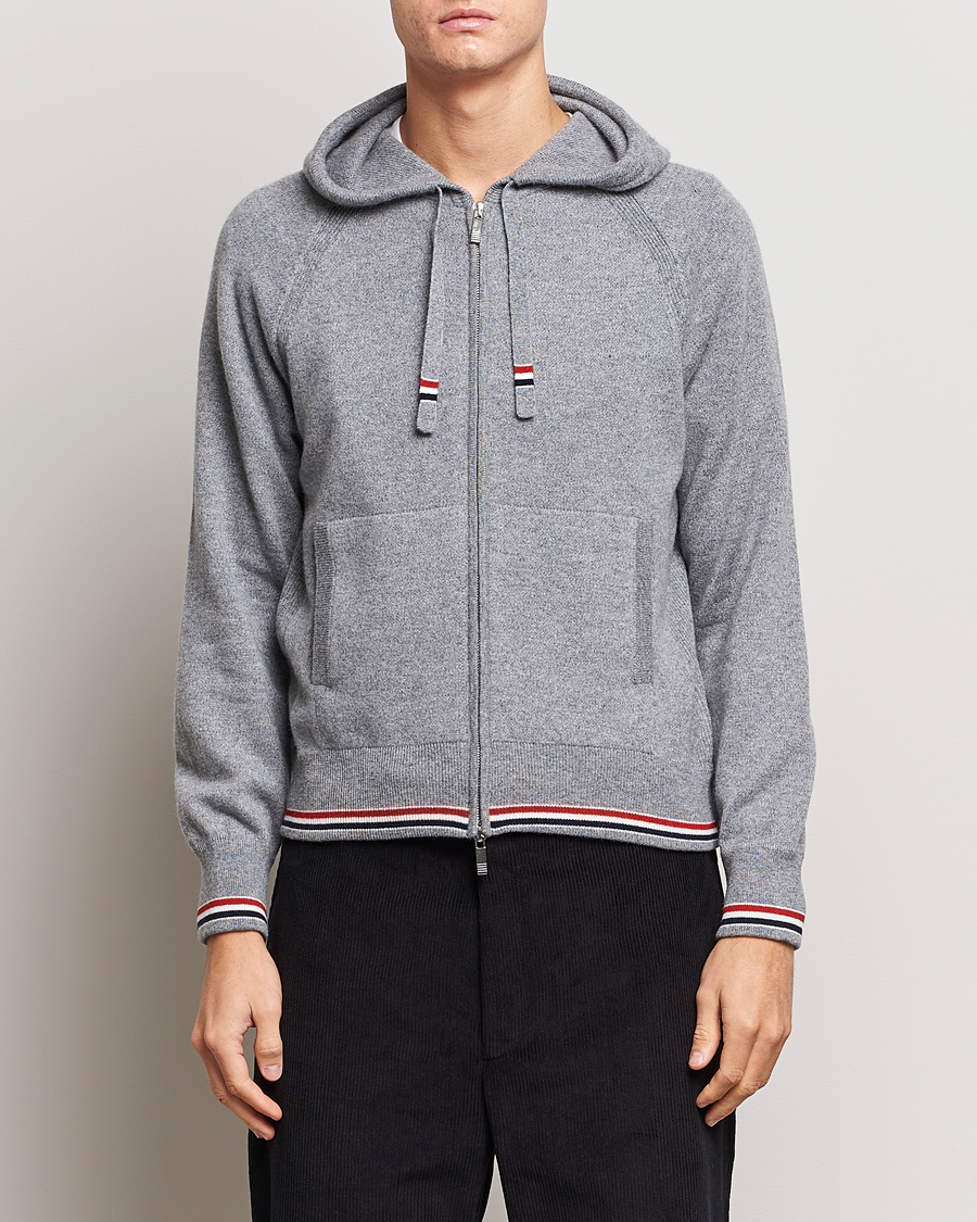 Hombres | Jerséis y prendas de punto | Thom Browne | Cashmere Jersey Full Zip Hoodie Light Grey