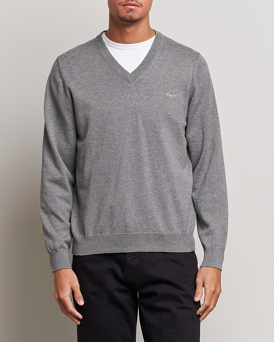 Hombres | Jerséis y prendas de punto | Gant | Classic Cotton V-Neck Dark Grey Melange