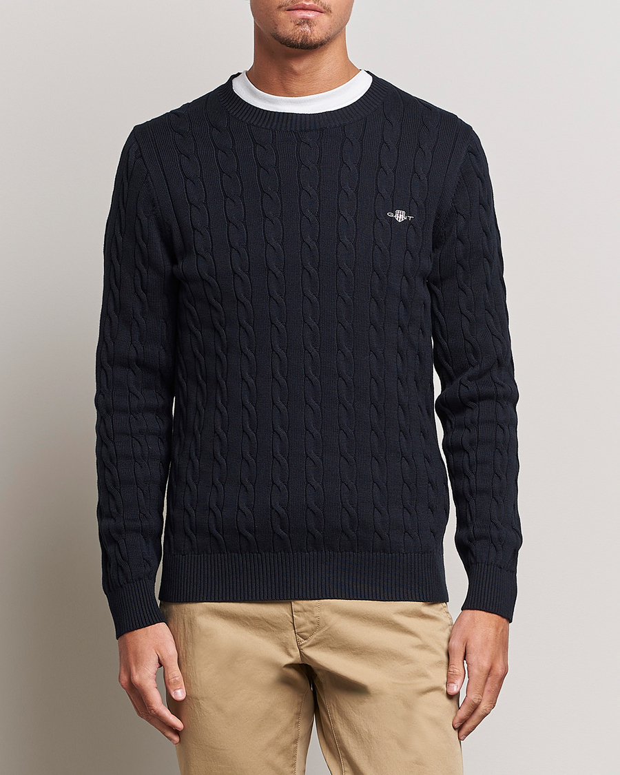 Hombres | Ropa | GANT | Cotton Cable Crew Neck Pullover Evening Blue