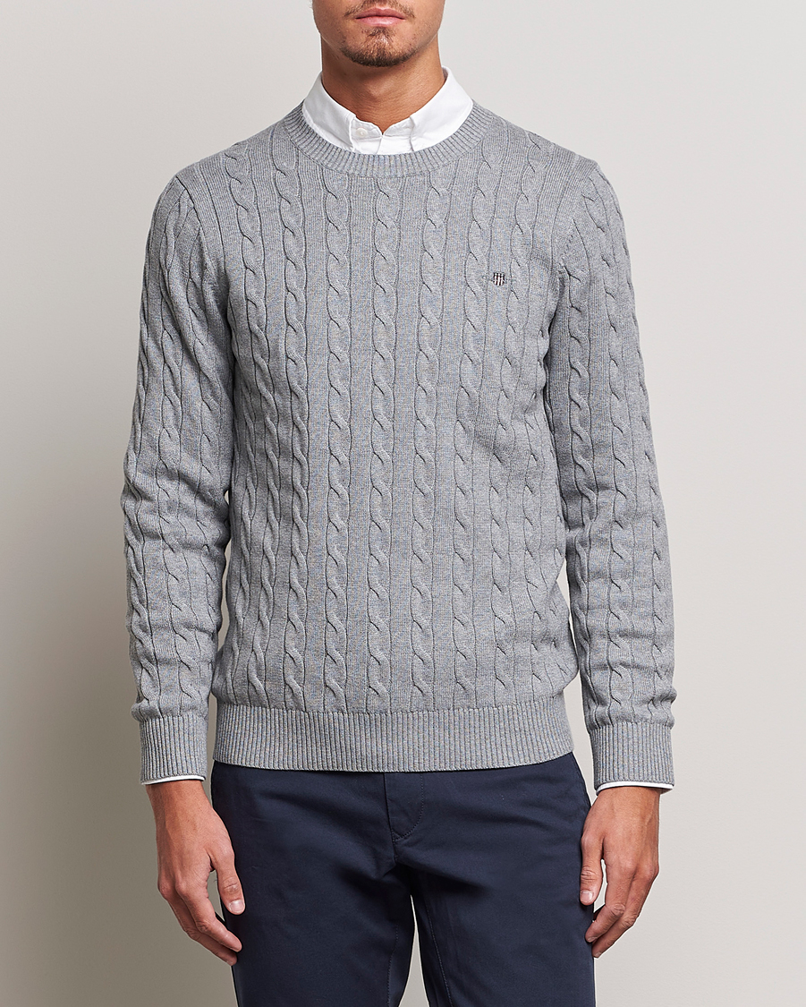 Hombres | Jerséis y prendas de punto | Gant | Cotton Cable Crew Neck Grey Melange