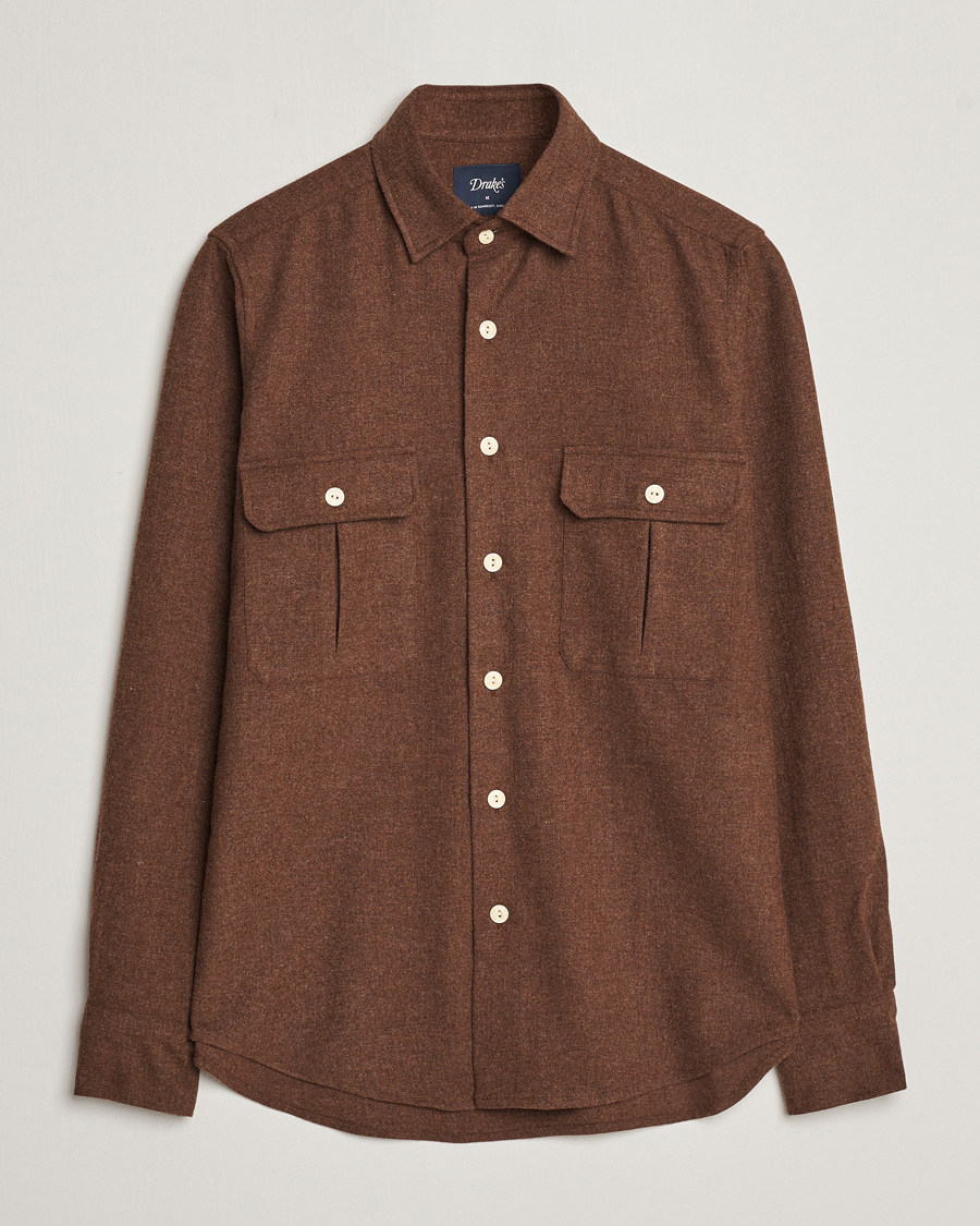 Hombres | Camisas | Drake's | Merino Wool Work Shirt Brown