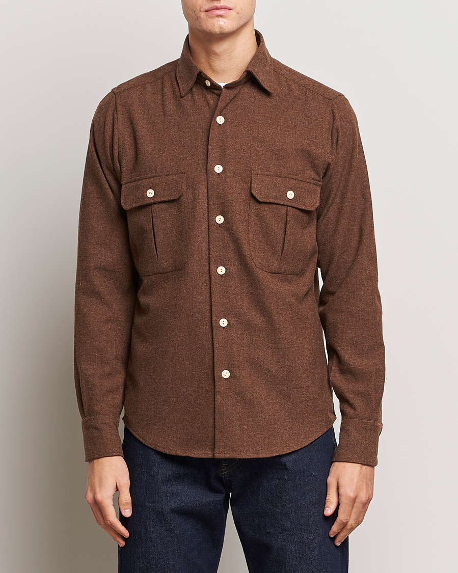 Hombres | Camisas | Drake's | Merino Wool Work Shirt Brown