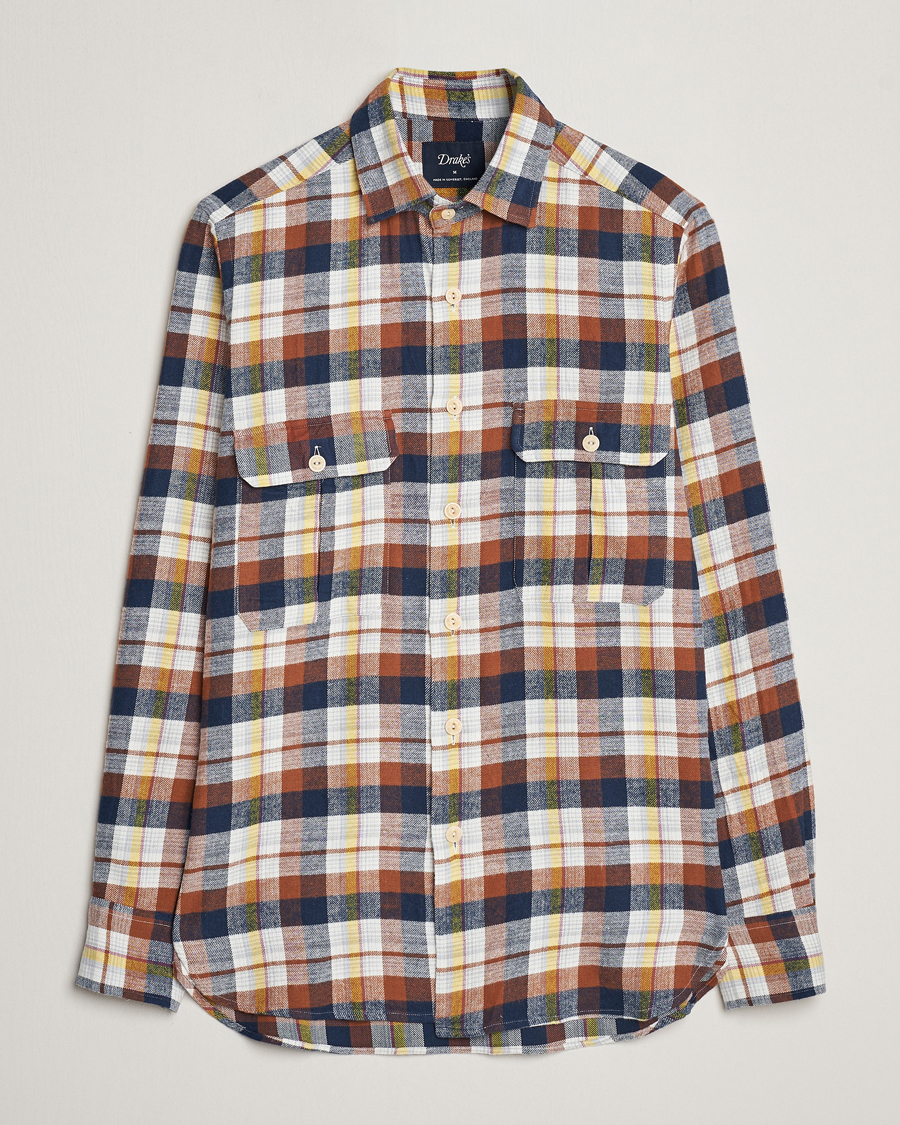 Hombres | Camisas | Drake's | Brushed Madras Checked Work Shirt Brown