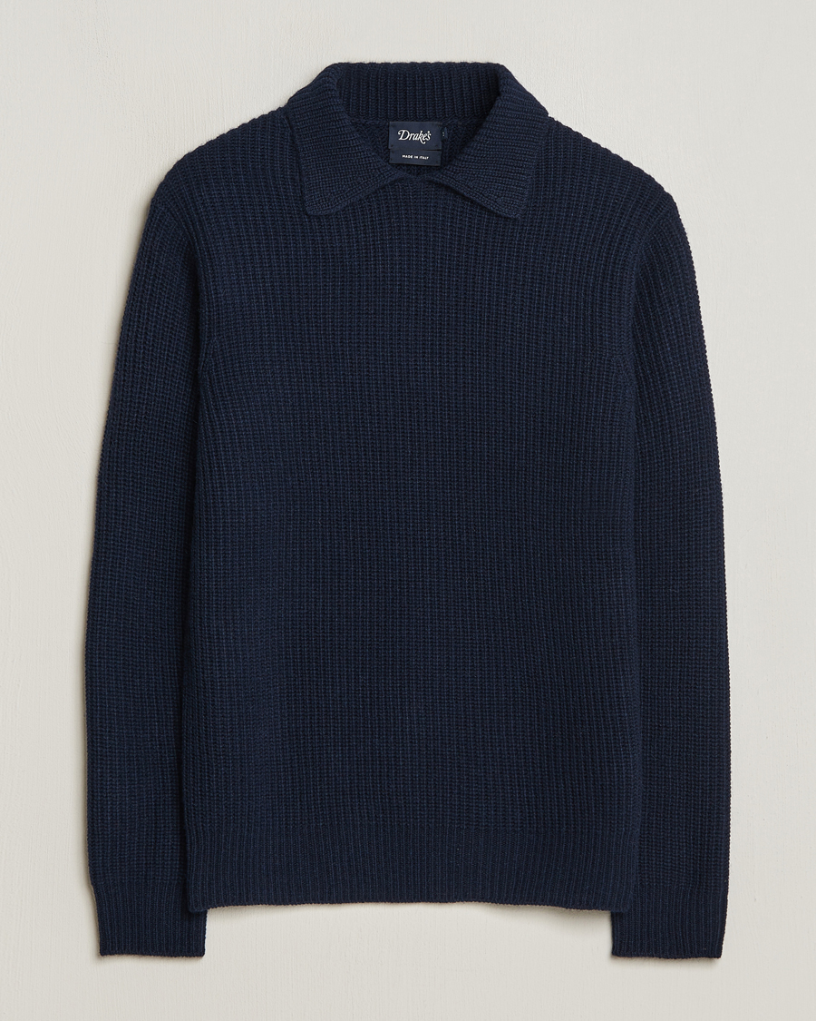 Hombres | Jerséis y prendas de punto | Drake's | Integral Collar Ribbed Jumper Navy