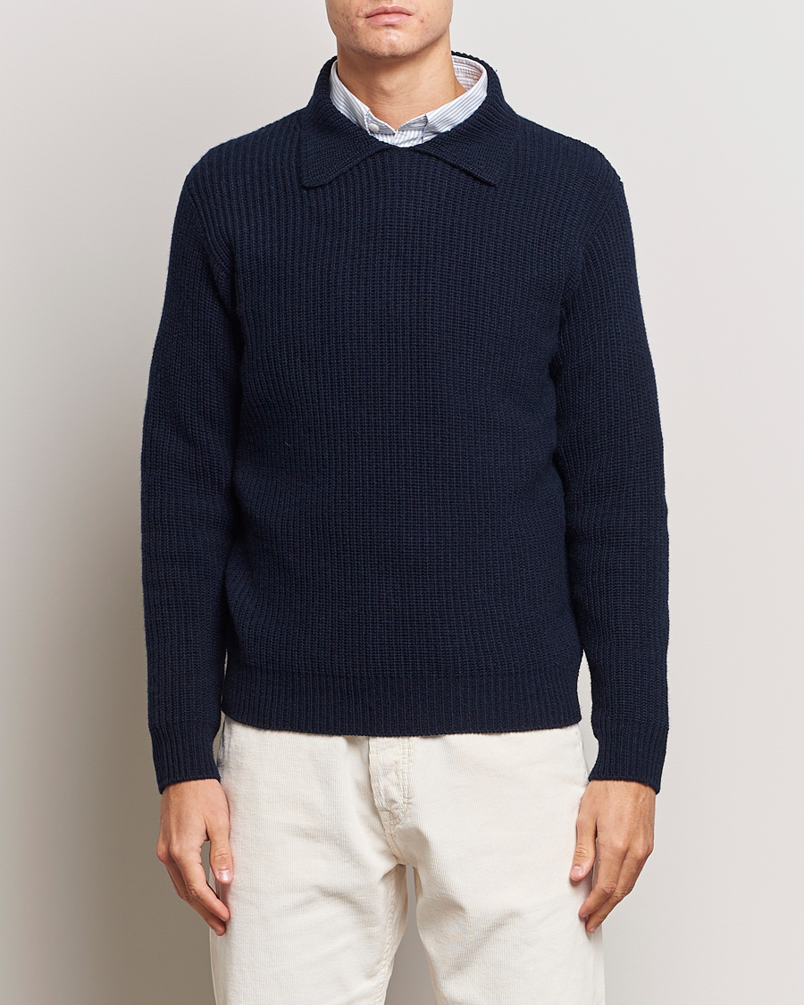 Hombres | Jerséis y prendas de punto | Drake's | Integral Collar Ribbed Jumper Navy