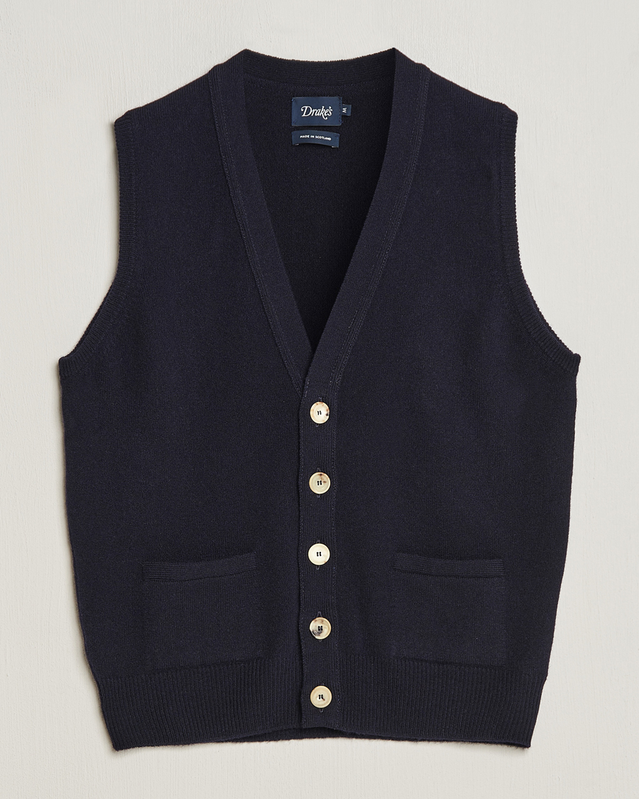 Hombres | Jerséis y prendas de punto | Drake's | Lambswool Vest Cardigan Navy