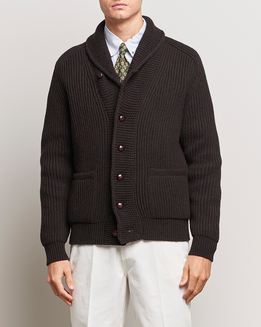 Hombres | Jerséis y prendas de punto | Drake's | Lambswool 6-Ply Shawl Collar Cardigan Brown