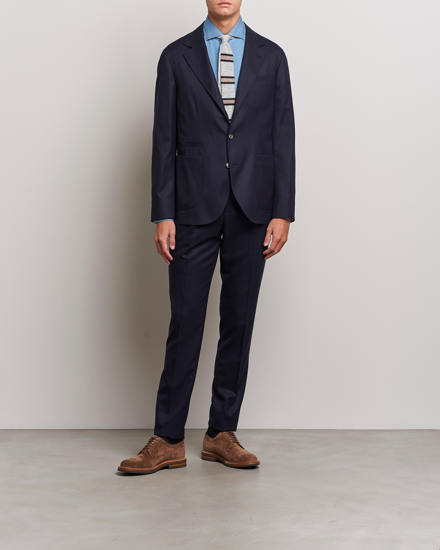 Hombres | Pantalones | Brunello Cucinelli | Slim Fit Pleated Flannel Trousers Navy