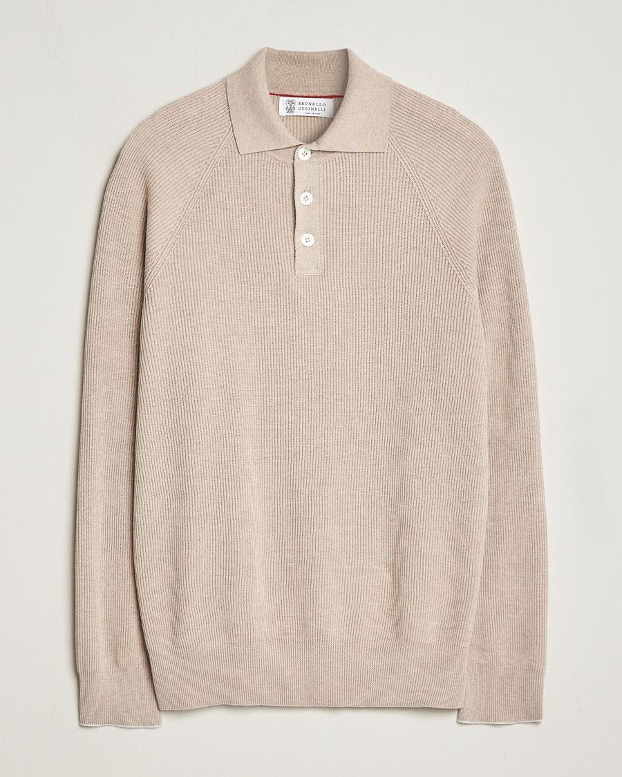 Hombres | Jerséis y prendas de punto | Brunello Cucinelli | Long Sleeve Knitted Polo Light Beige