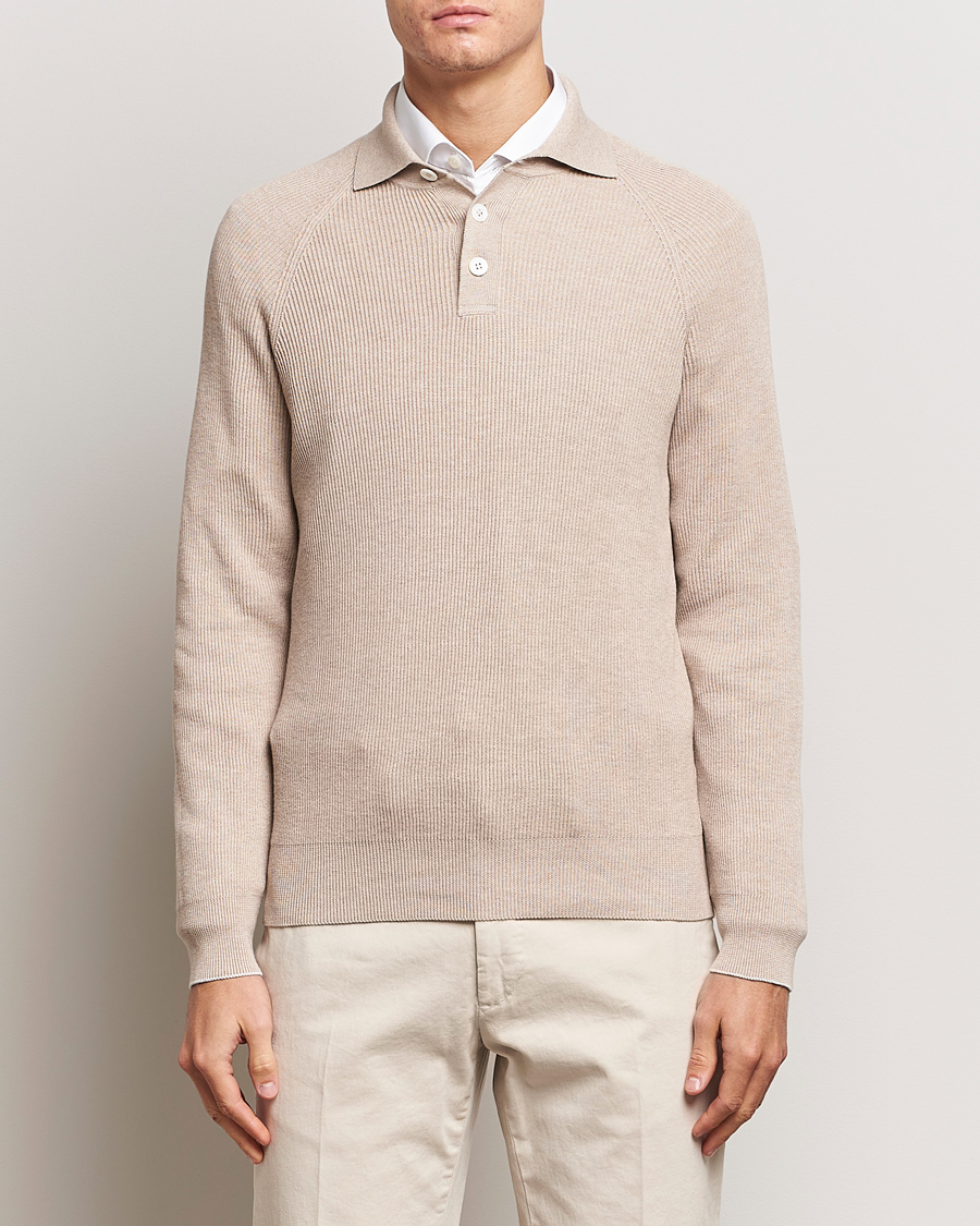 Hombres | Jerséis y prendas de punto | Brunello Cucinelli | Long Sleeve Knitted Polo Light Beige