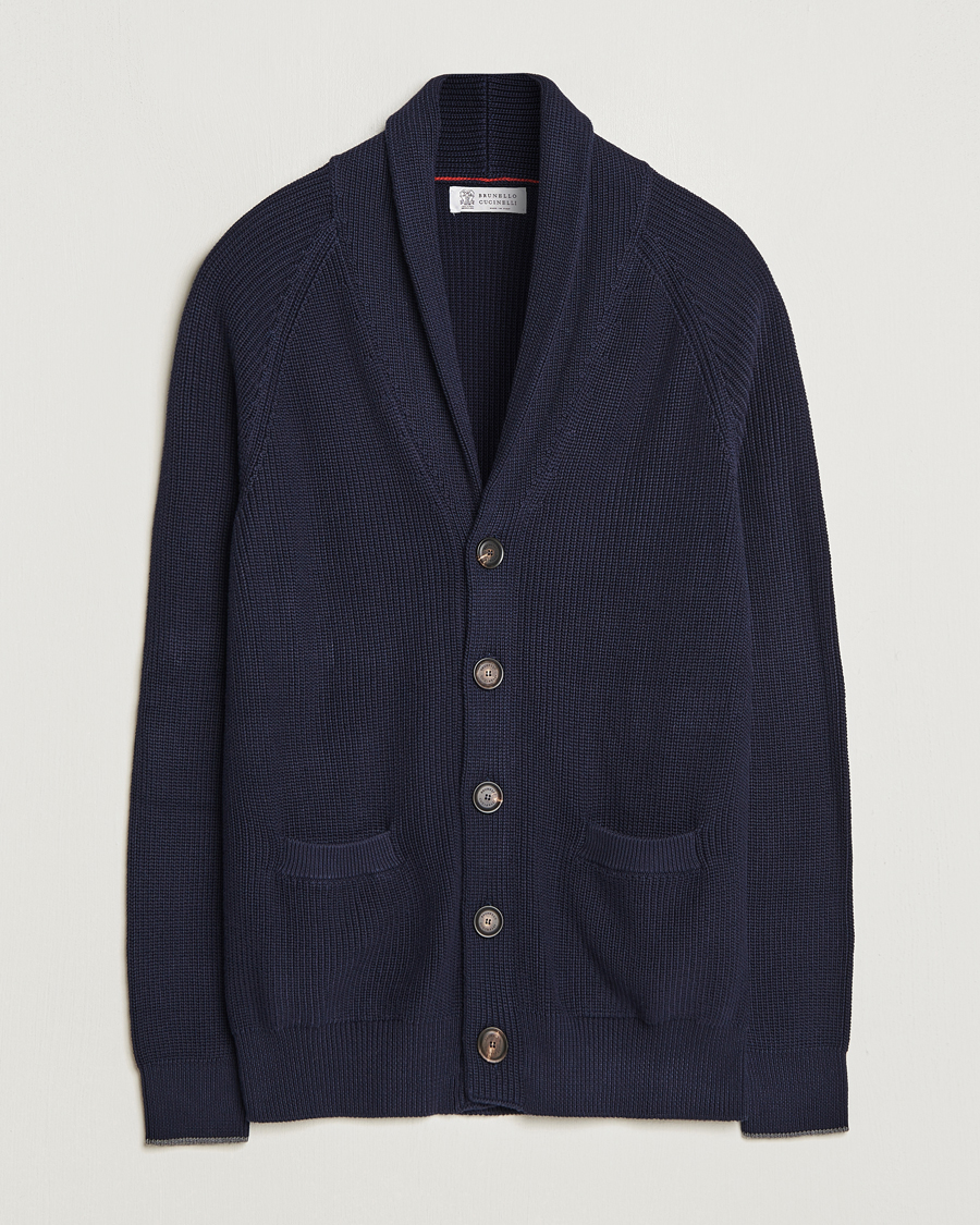 Hombres | Jerséis y prendas de punto | Brunello Cucinelli | Rib Wool Shawl Collar Cardigan Navy
