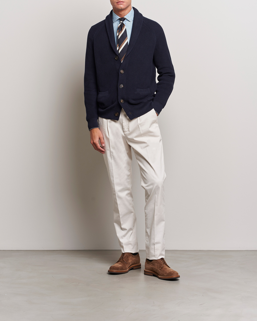 Hombres | Jerséis y prendas de punto | Brunello Cucinelli | Rib Wool Shawl Collar Cardigan Navy