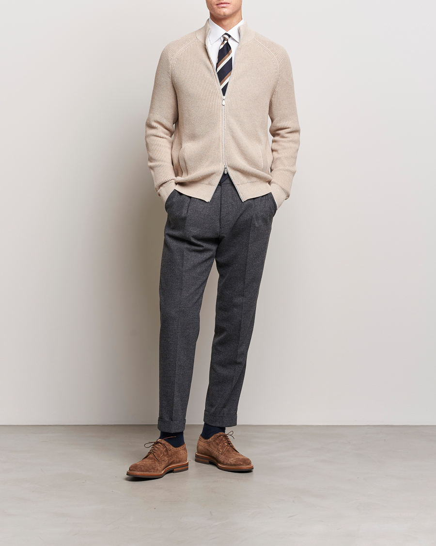 Hombres | Jerséis y prendas de punto | Brunello Cucinelli | Rib Wool Zip Cardigan Light Beige