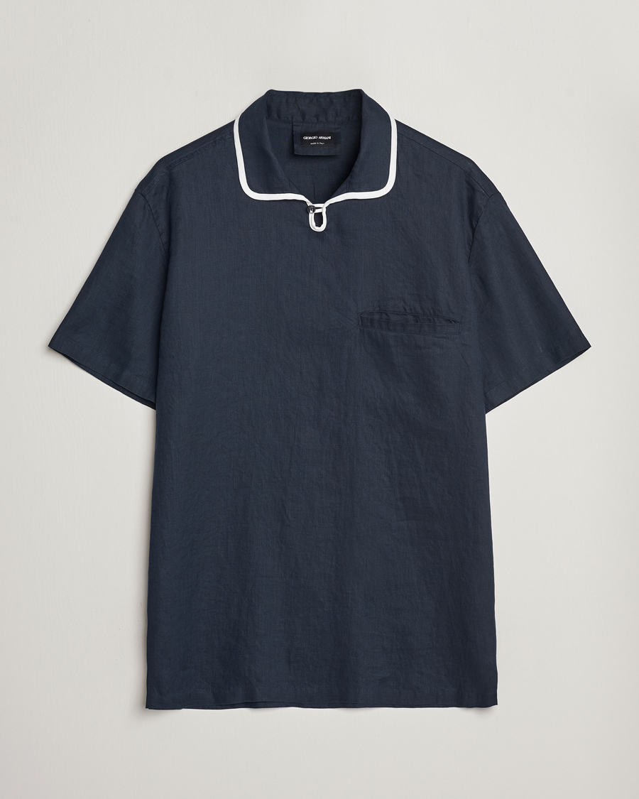 Hombres | Camisas | Giorgio Armani | Linen Guru Collar Short Sleeve Shirt Navy