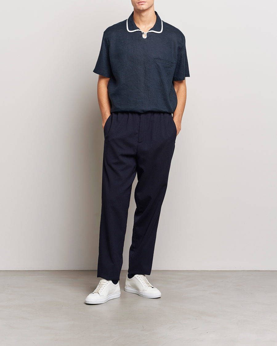 Hombres | Camisas | Giorgio Armani | Linen Guru Collar Short Sleeve Shirt Navy