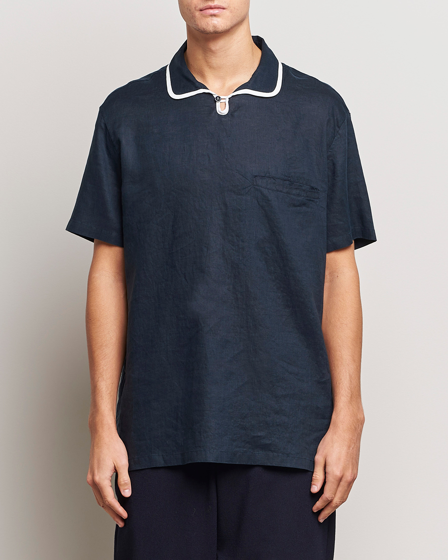 Hombres | Camisas | Giorgio Armani | Linen Guru Collar Short Sleeve Shirt Navy