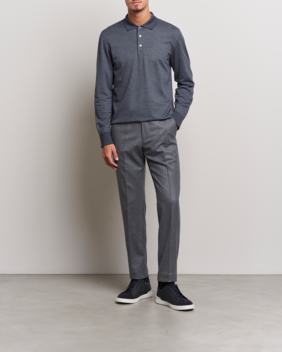 Hombres | Jerséis y prendas de punto | Zegna | Cotton/Silk Long Sleeve Polo Dark Blue