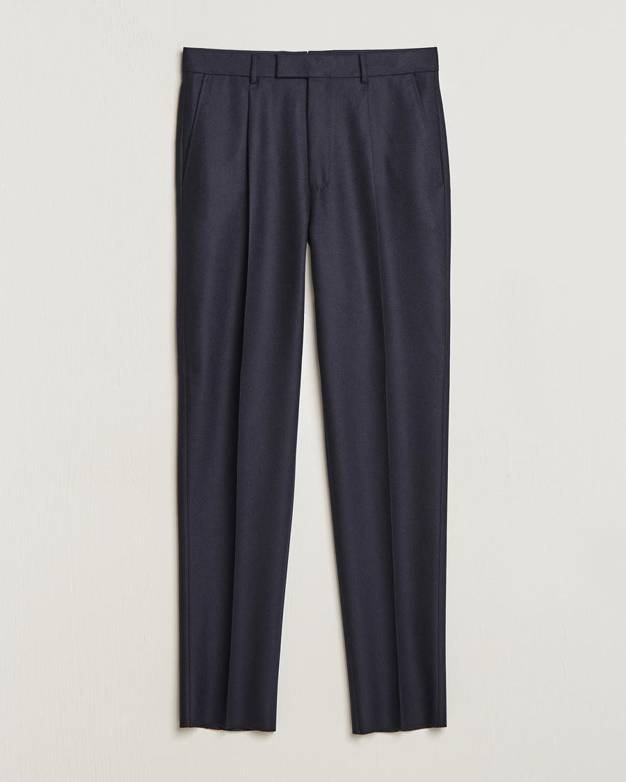 Hombres | Pantalones | Zegna | Pleated Flannel Trousers Navy