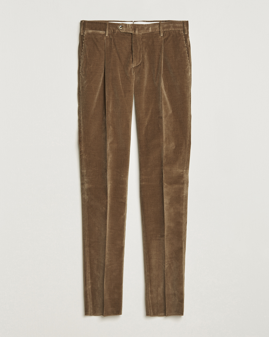 Hombres | Pantalones | PT01 | Slim Fit Pleated Corduroy Trousers Taupe