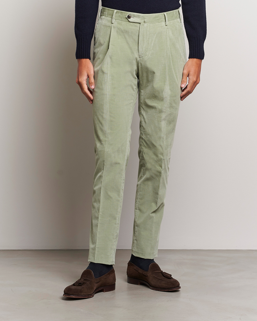 Hombres | Pantalones | PT01 | Slim Fit Pleated Corduroy Trousers Mint