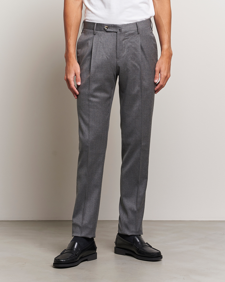 Hombres | Pantalones de franela | PT01 | Slim Fit Pleated Flannel Trousers Grey Melange