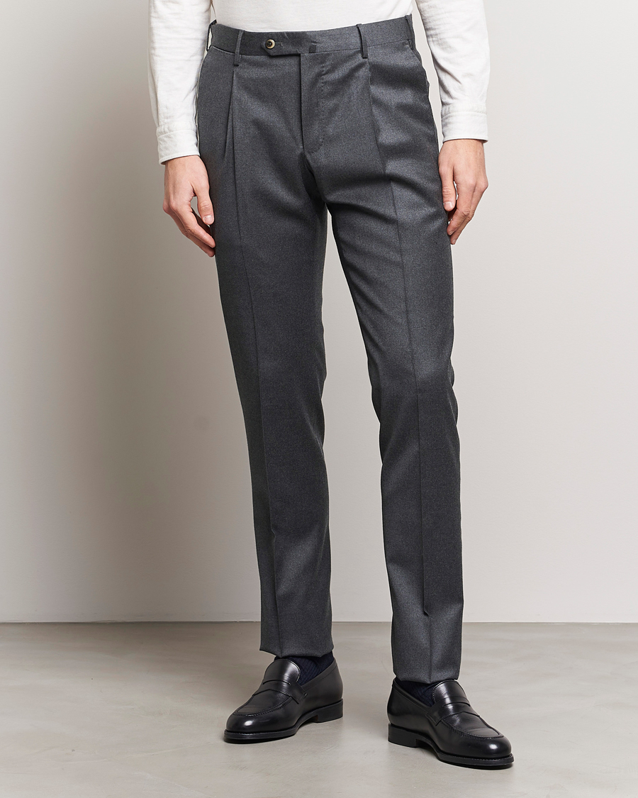 Hombres | Pantalones | PT01 | Slim Fit Pleated Flannel Trousers Dark Grey