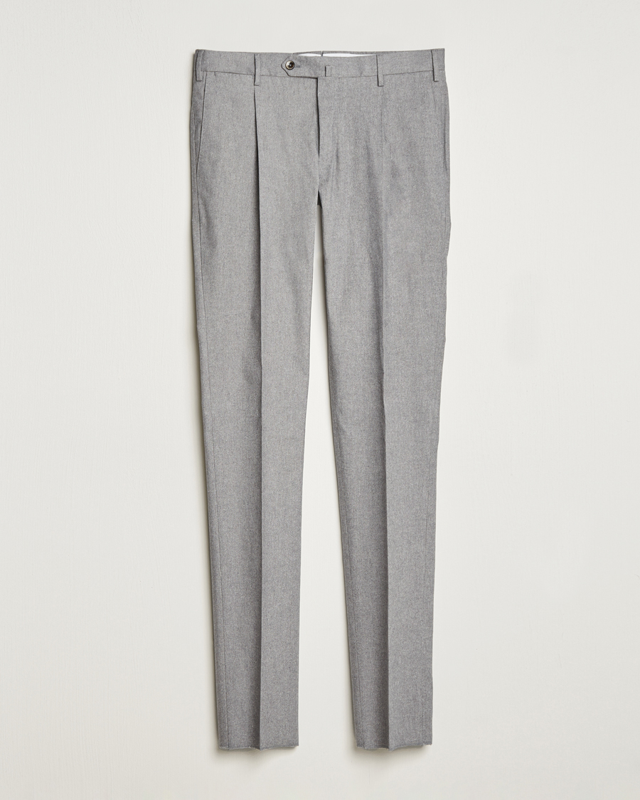 Hombres | Pantalones | PT01 | Slim Fit Pleated Cotton Flannel Trousers Light Grey
