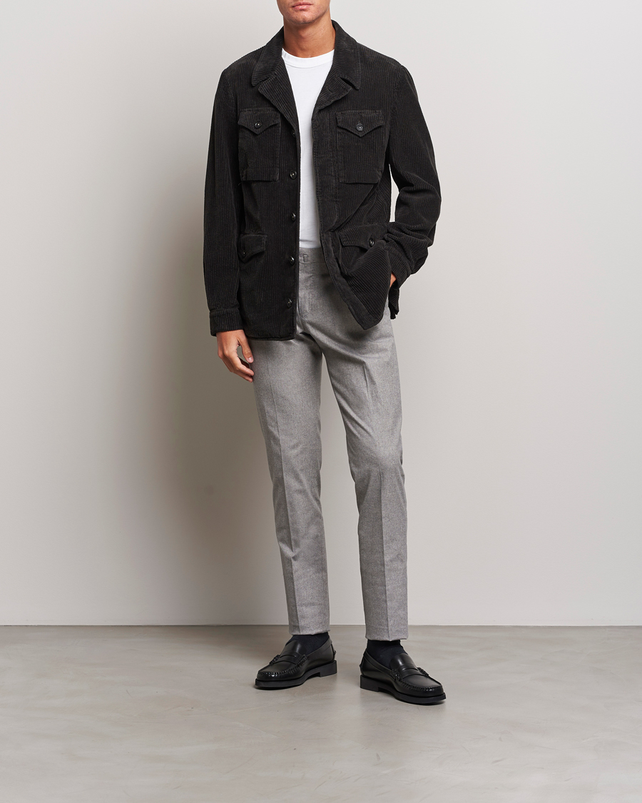 Hombres | Pantalones | PT01 | Slim Fit Pleated Cotton Flannel Trousers Light Grey