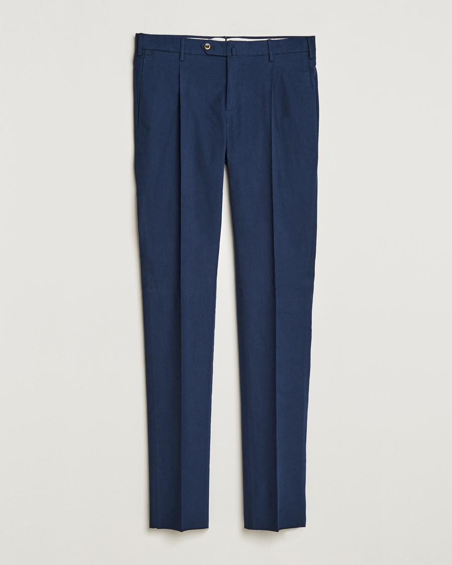 Hombres | Pantalones | PT01 | Slim Fit Pleated Cotton Flannel Trousers Navy