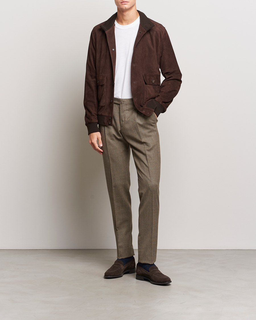 Hombres | Pantalones | PT01 | Slim Fit Pleated Houndstooth Trousers Light Brown
