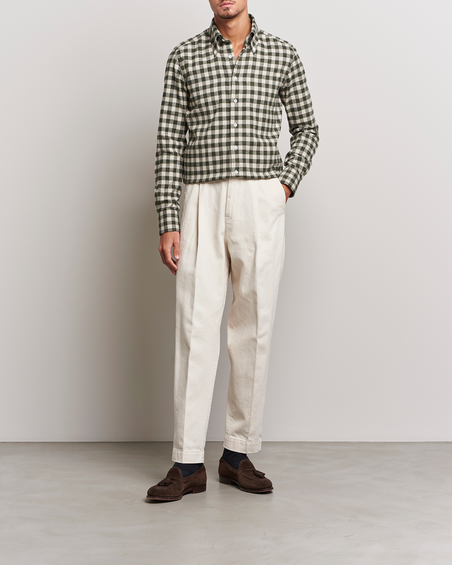 Hombres | Camisas | 100Hands | Checked Cotton Flannel Shirt Green Grey