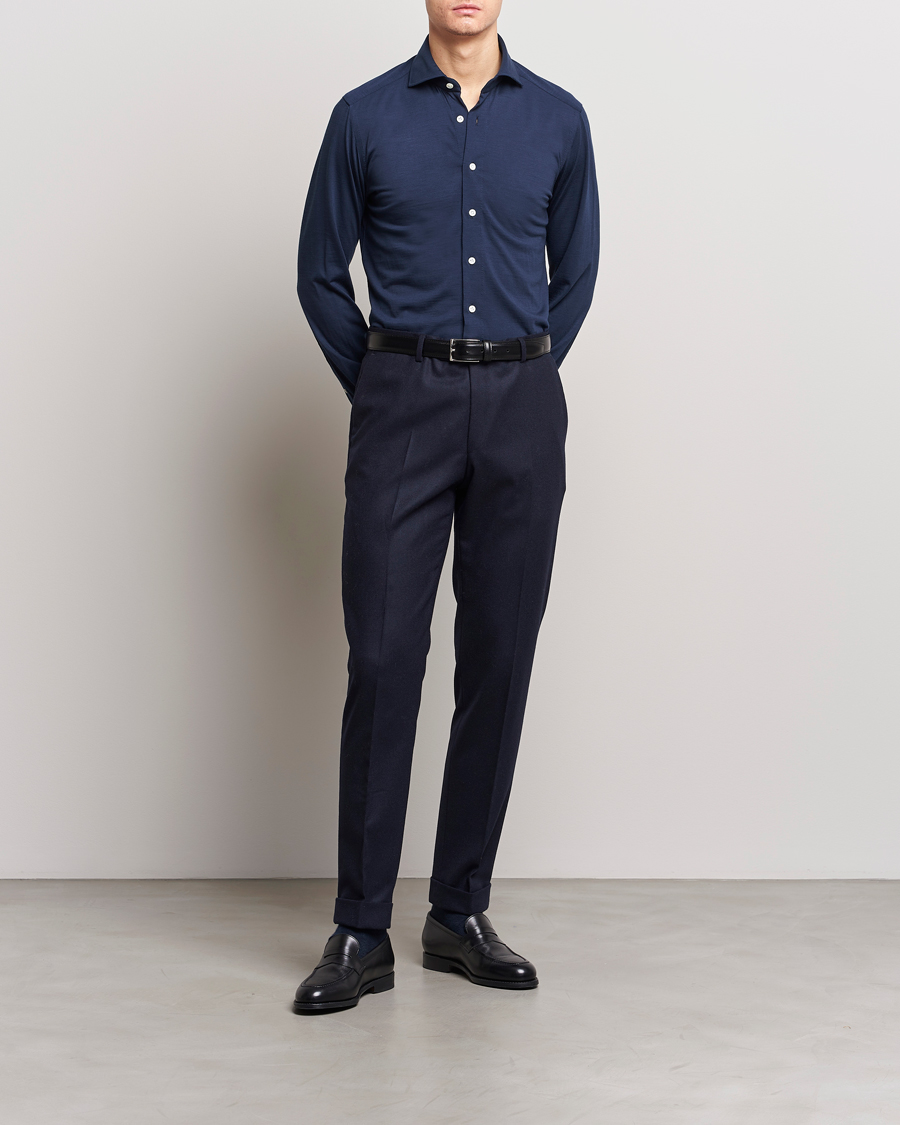 Hombres | Camisas | 100Hands | Wool Cut Away Shirt Navy Blue