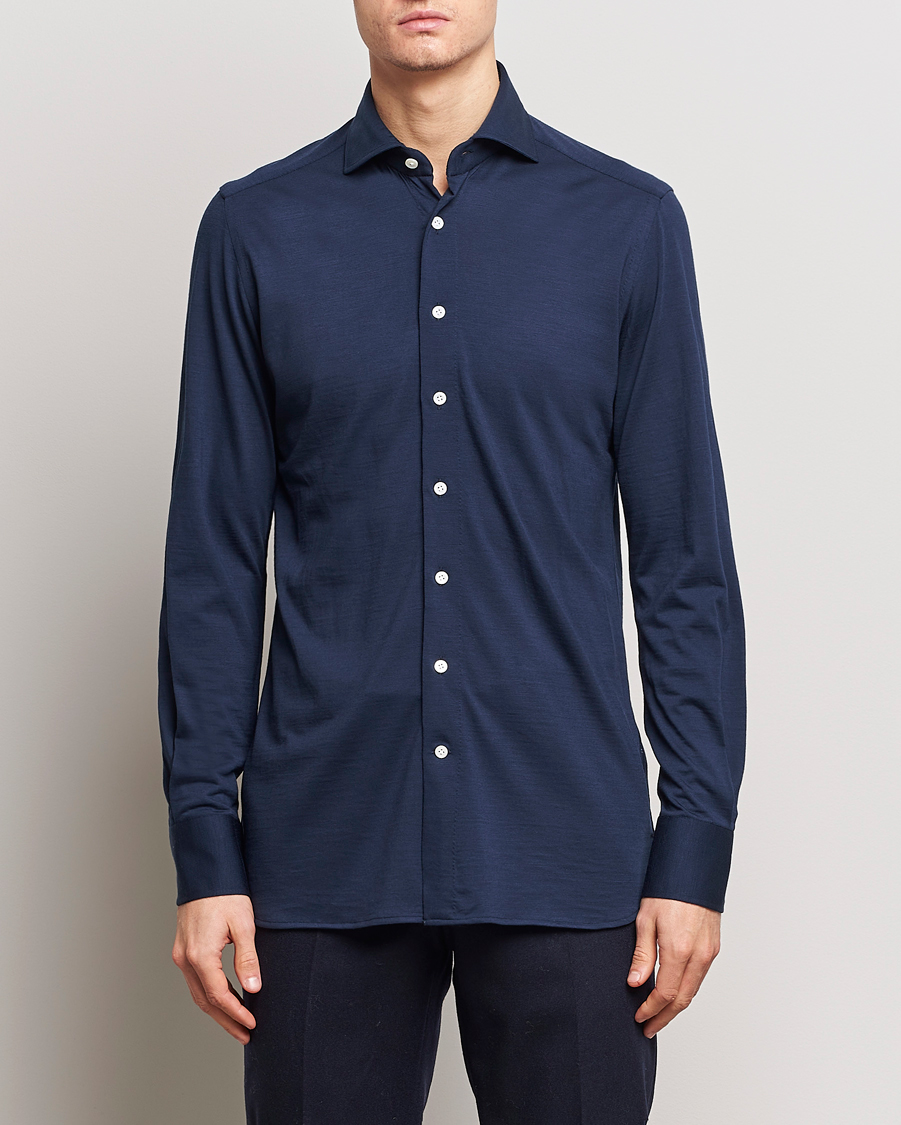 Hombres | Camisas | 100Hands | Wool Cut Away Shirt Navy Blue