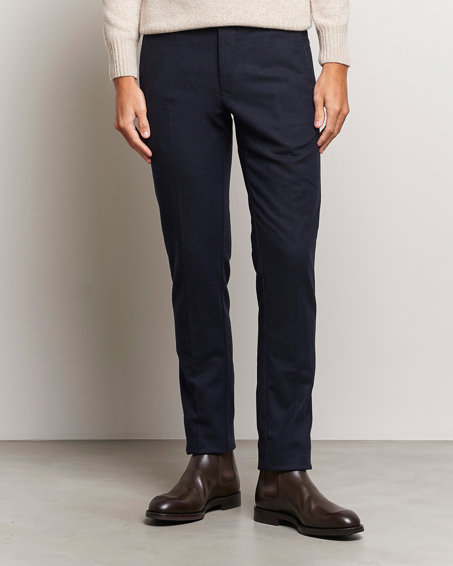 Hombres | Pantalones | Incotex | Slim Fit Washed Flannel Stretch Slacks Navy